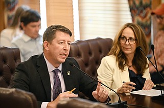 State Sens. Joshua Bryant (left), R-Rogers, and Missy Irvin, R-Mountain View, present their bills on digital asset mining, or crypto mining, during a meeting of the Senate Committee on City, County, and Local Affairs on Thursday, April 18, 2024 at the state Capitol in Little Rock. (Arkansas Democrat-Gazette/Staci Vandagriff)